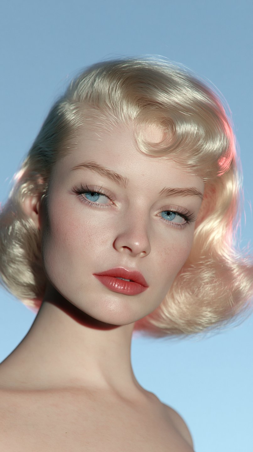 Close-up portrait of a blonde woman with 1950s sculpted hair and blue eyes against a blue sky.