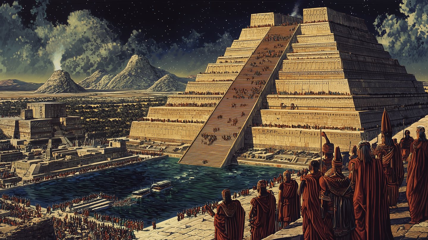 Large stone pyramid overlooking a harbor with robed figures gathered under a starry night sky with volcanoes.