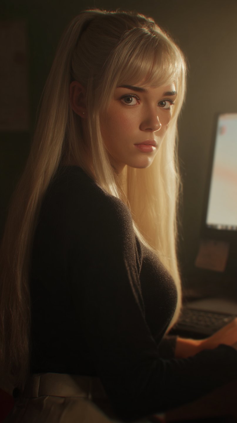 Blonde woman with bangs looking back over her shoulder while working at a computer in warm lighting.