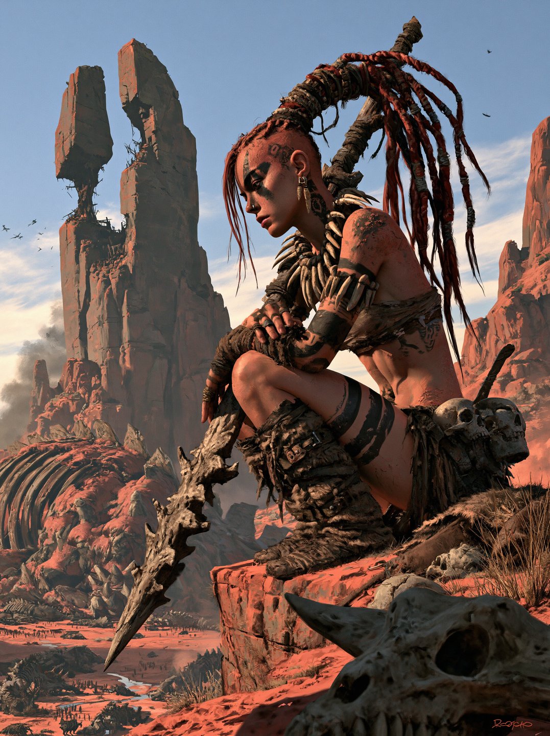 A female tribal warrior with red hair crouches on a desert cliff holding a stone spear.