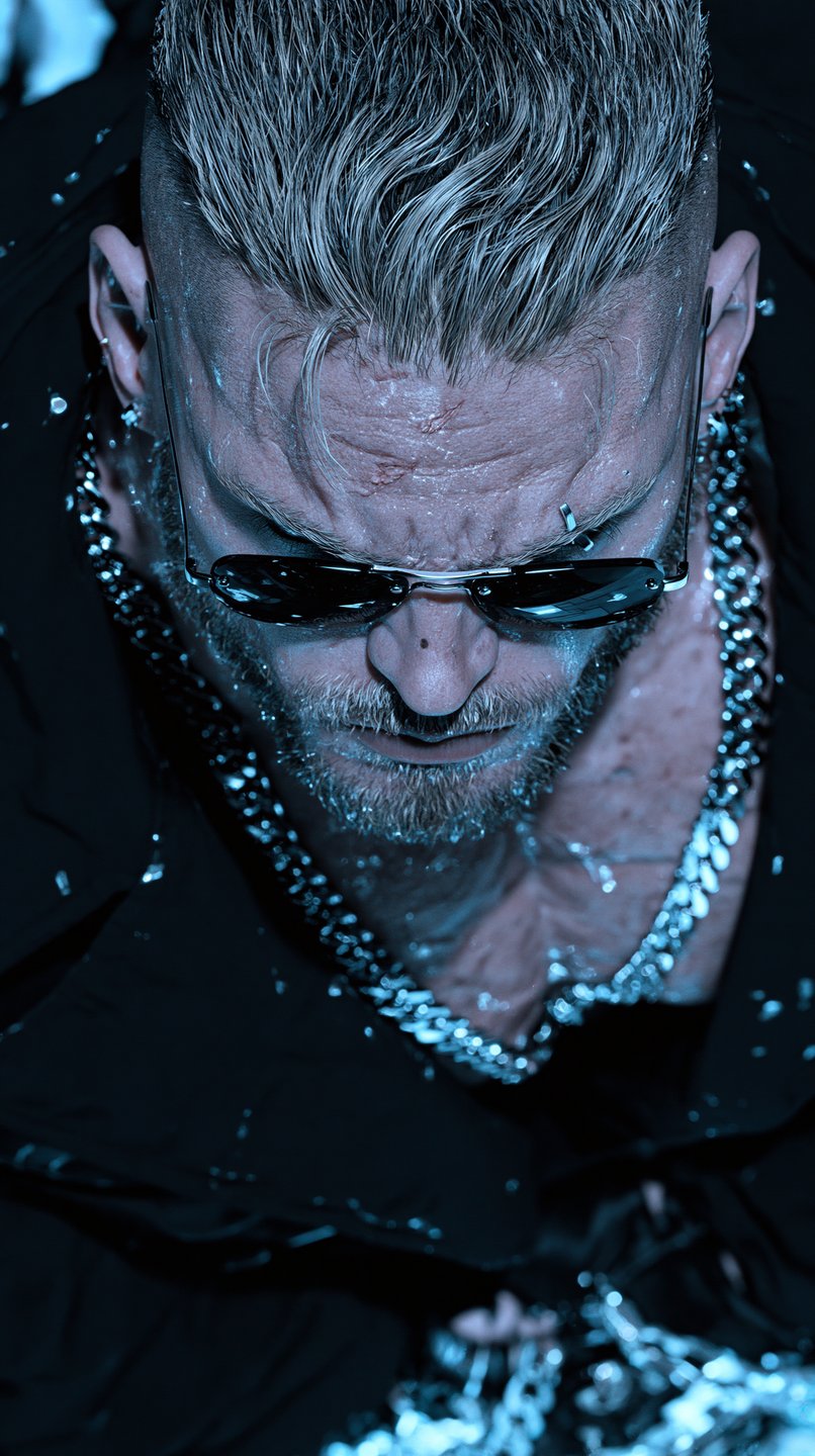 Close-up high-angle shot of a scarred man wearing sunglasses and a silver chain in blue light.