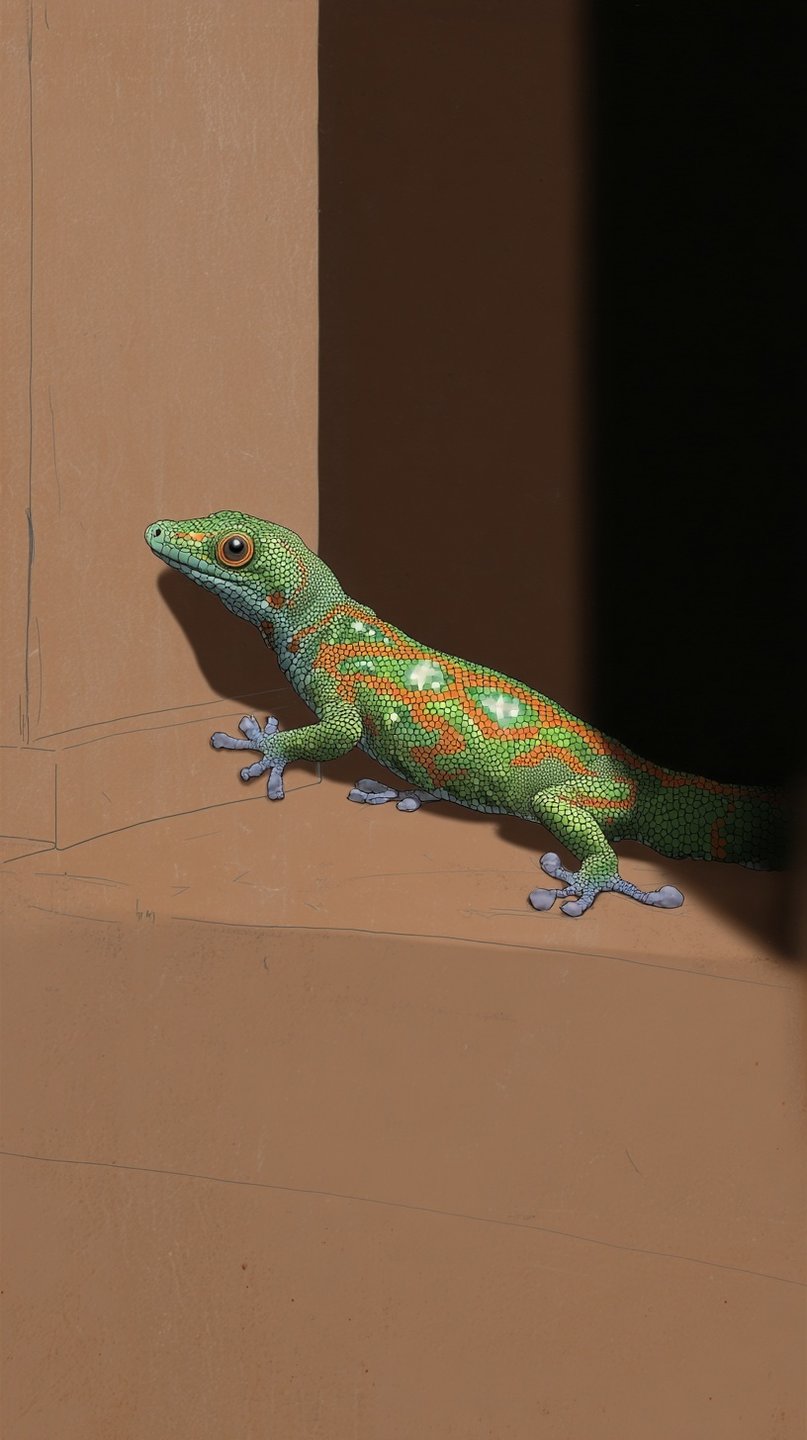 Vibrant green gecko with orange spots crawls from a dark opening onto a tan architectural ledge.