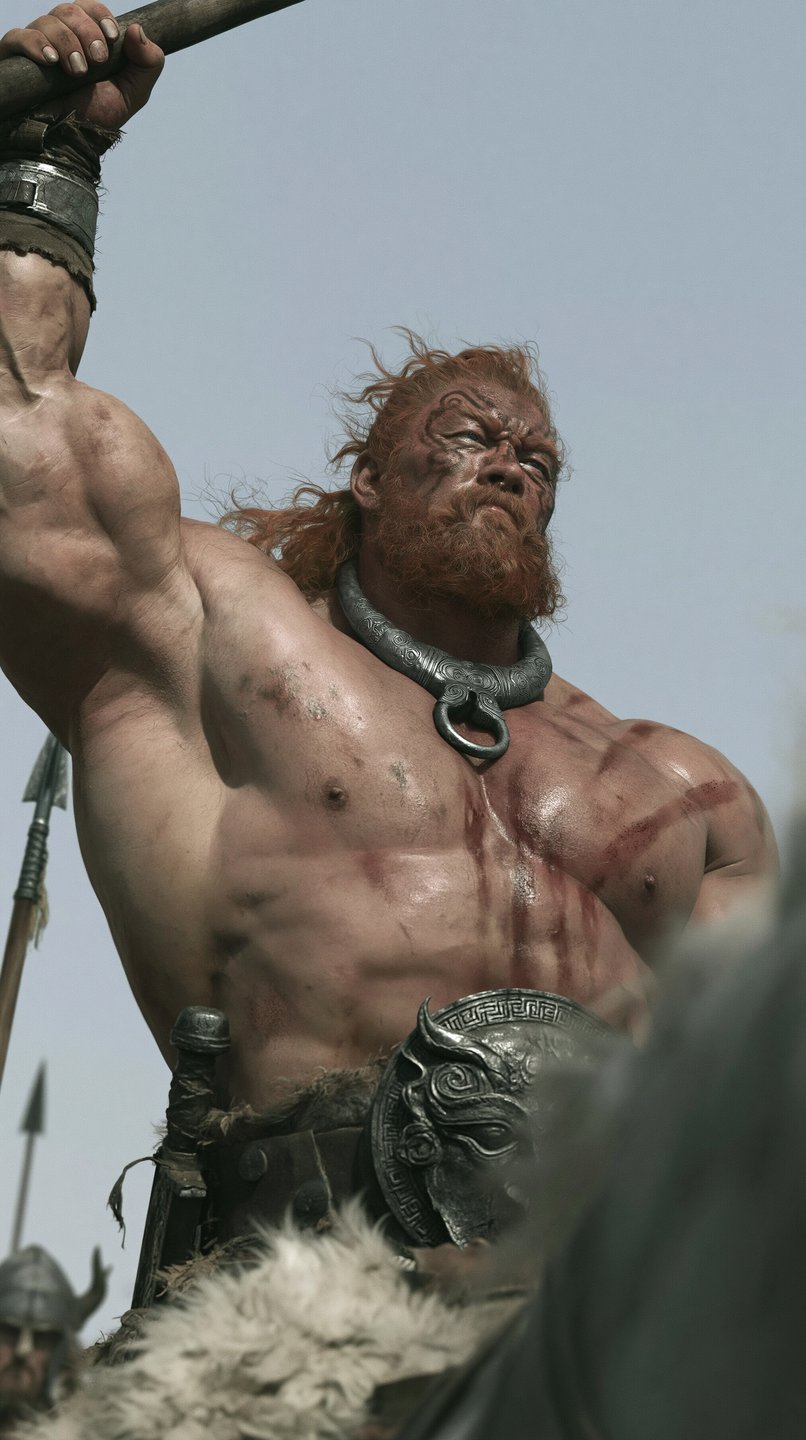 Muscular red-haired barbarian warrior shouting while charging on horseback with a raised spear against a pale sky.