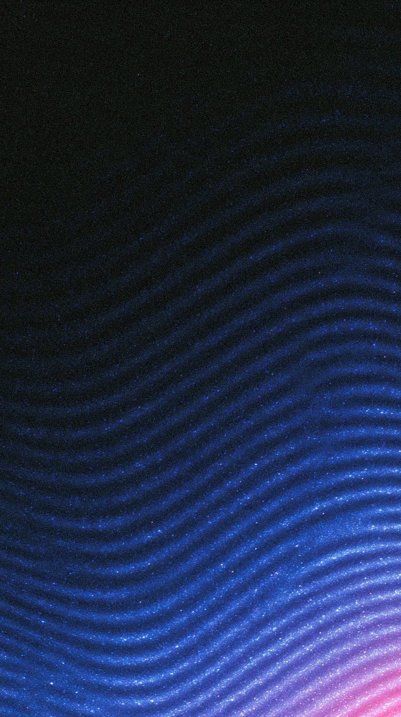 Undulating blue glitter waves cascade diagonally across a dark background with a magenta light flare at the bottom.