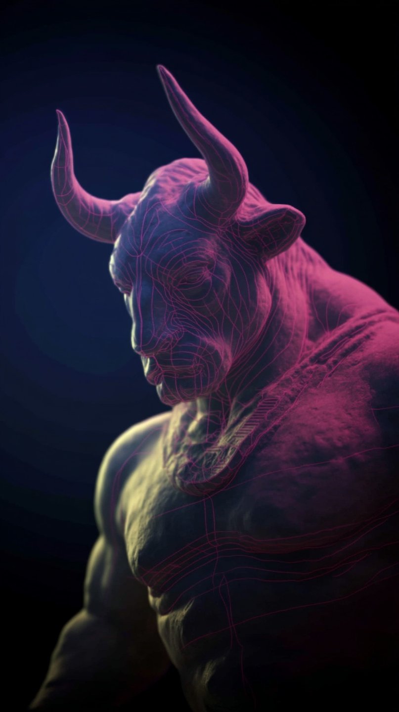 Muscular bull-headed minotaur sculpture with glowing pink wireframe lines against a dark, moody blue background.