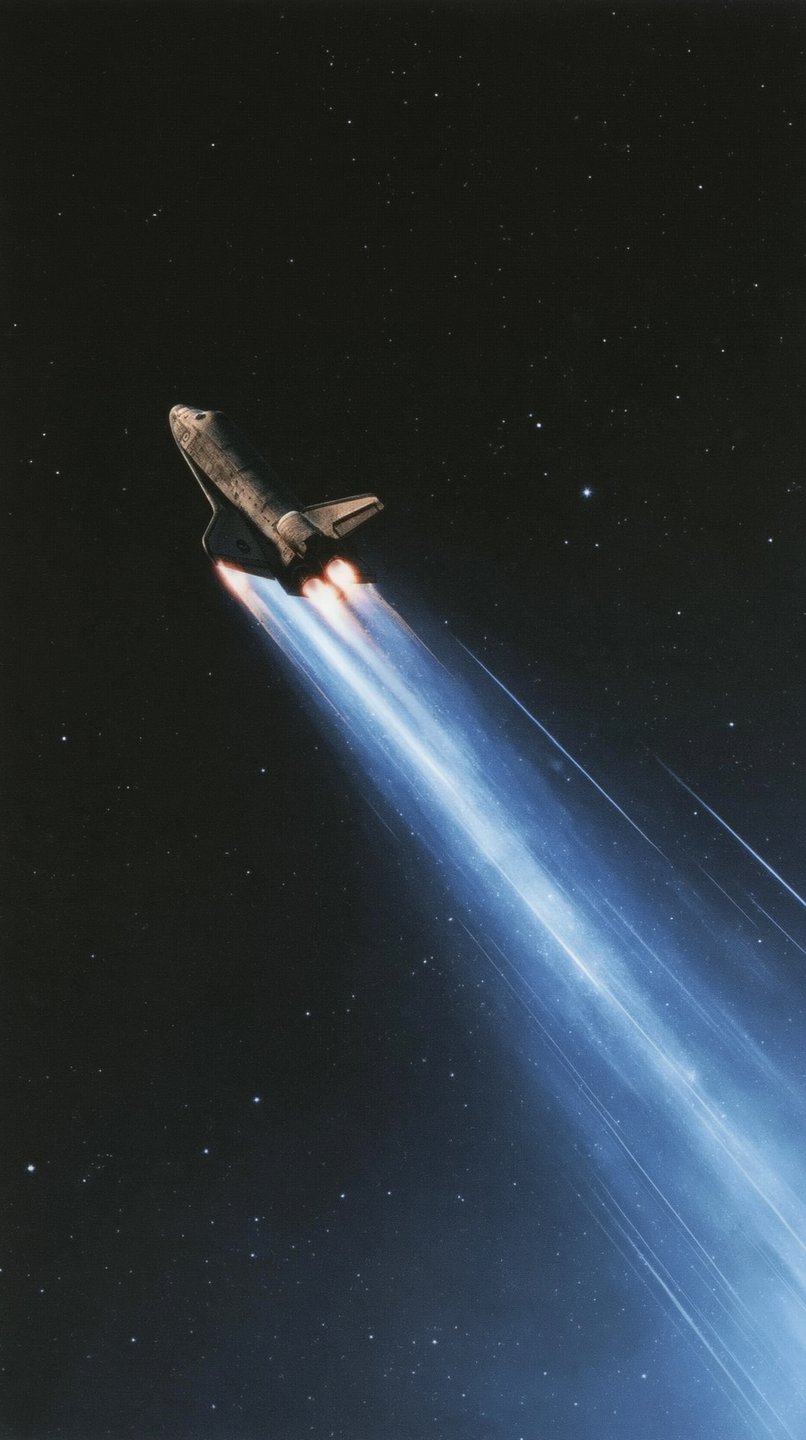 A retro space shuttle ascends diagonally into a starry black void, leaving a bright blue exhaust trail.