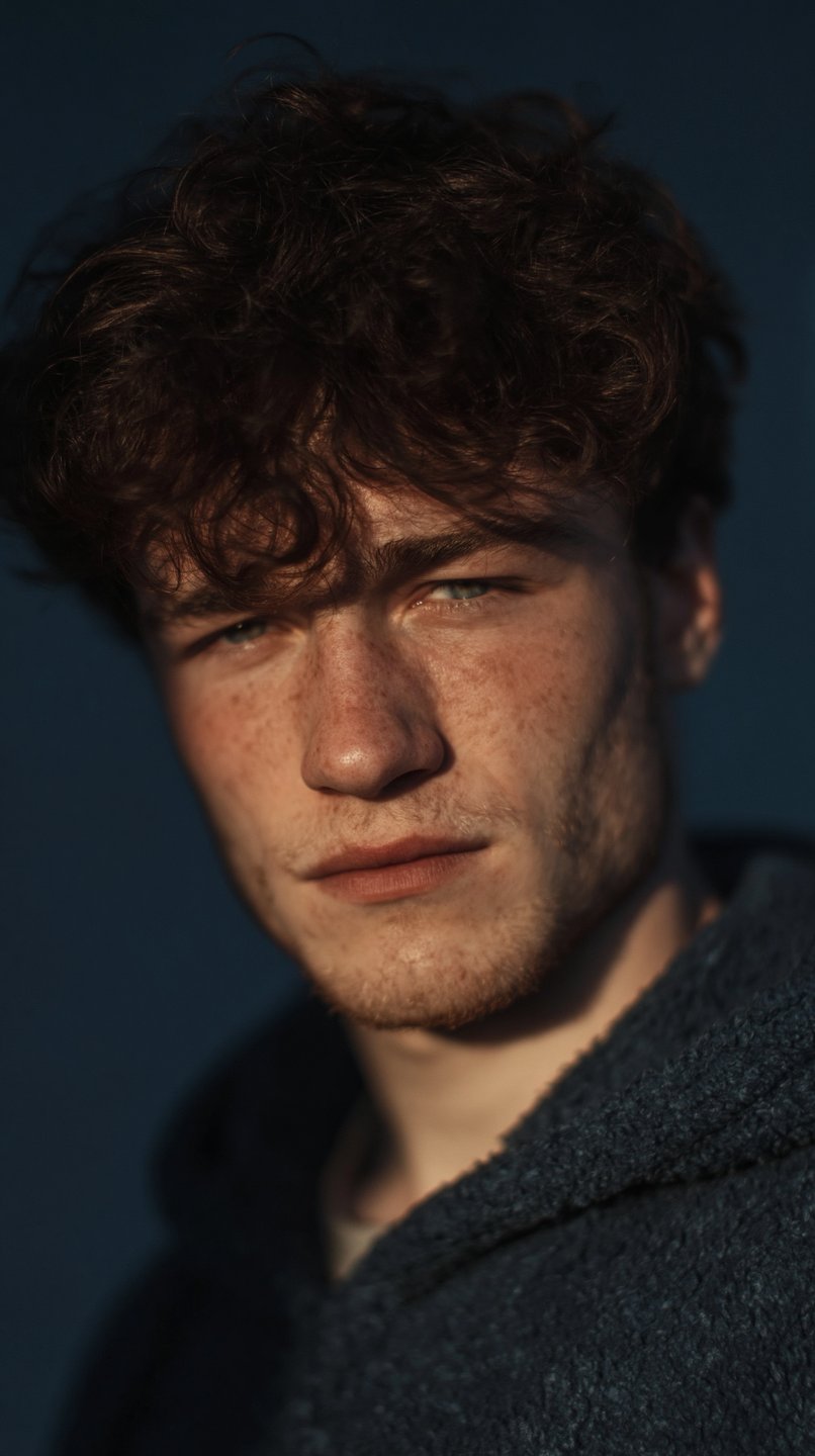 Close-up portrait of a young man with curly hair and freckles illuminated by dramatic warm lighting.