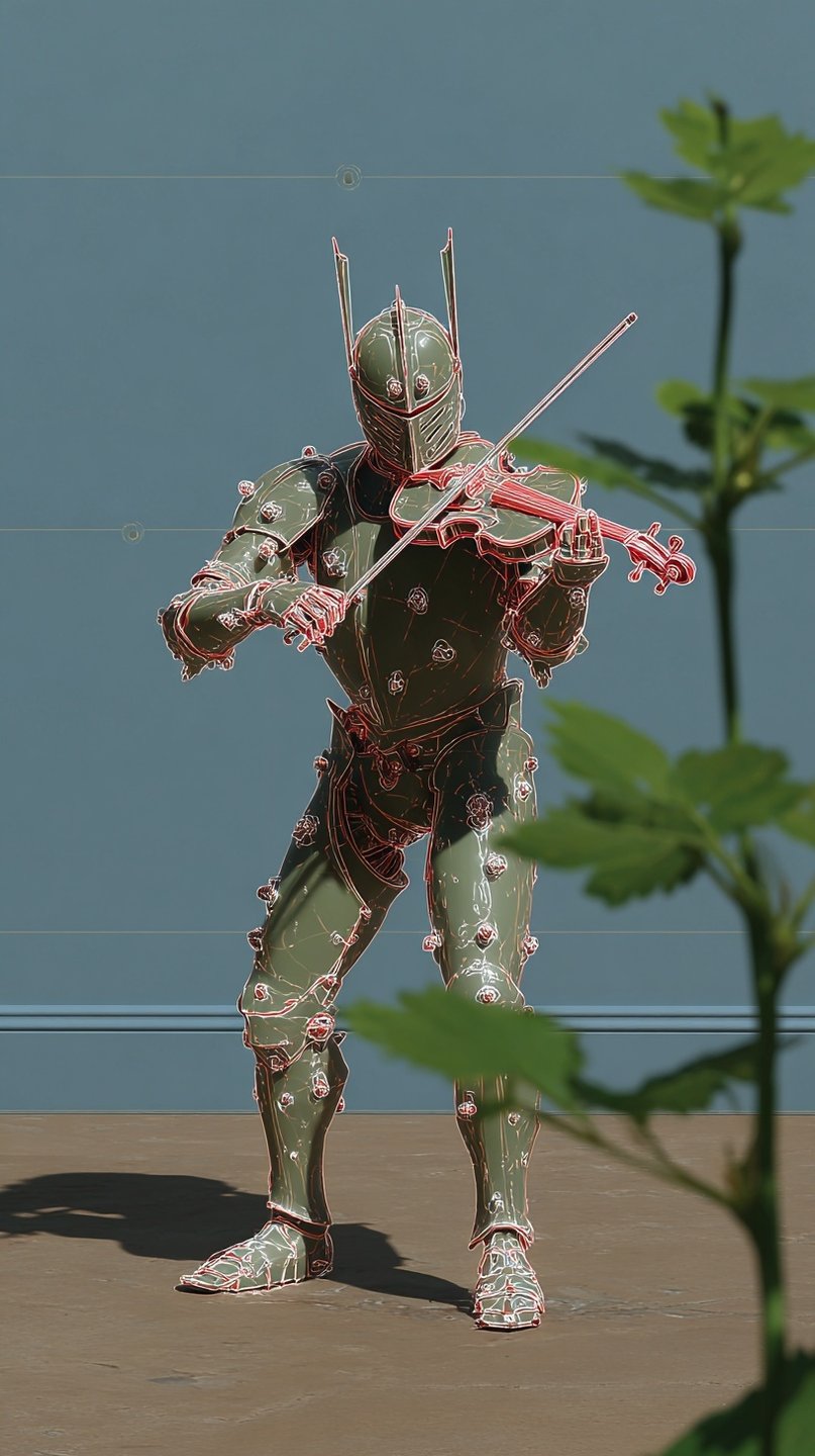 Sage green armored knight playing a violin with red wireframe outlines behind a blurry green plant.