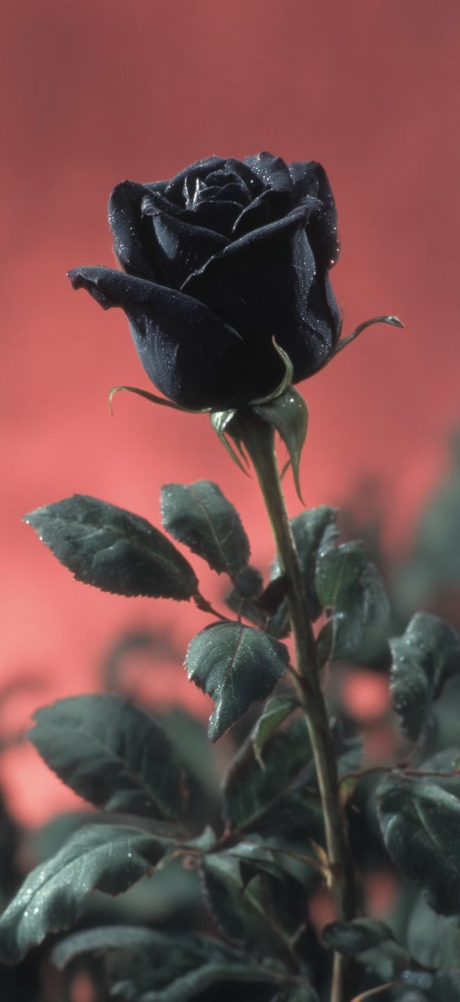 Single black rose with sparkling dew on petals positioned against a soft-focus red background.