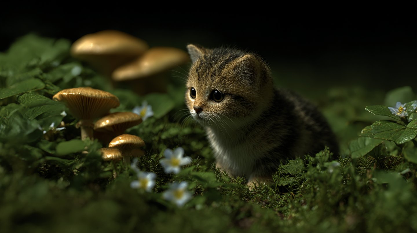 Small tabby kitten gazes curiously at golden mushrooms nestled in lush green moss and white wildflowers.