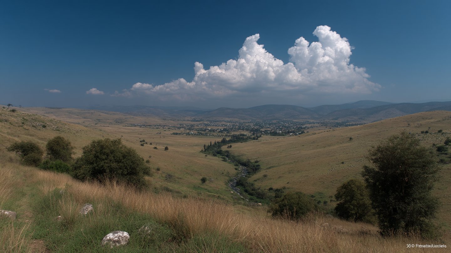 Wide landscape of a rolling valley with a winding river leading to a distant village under clouds.