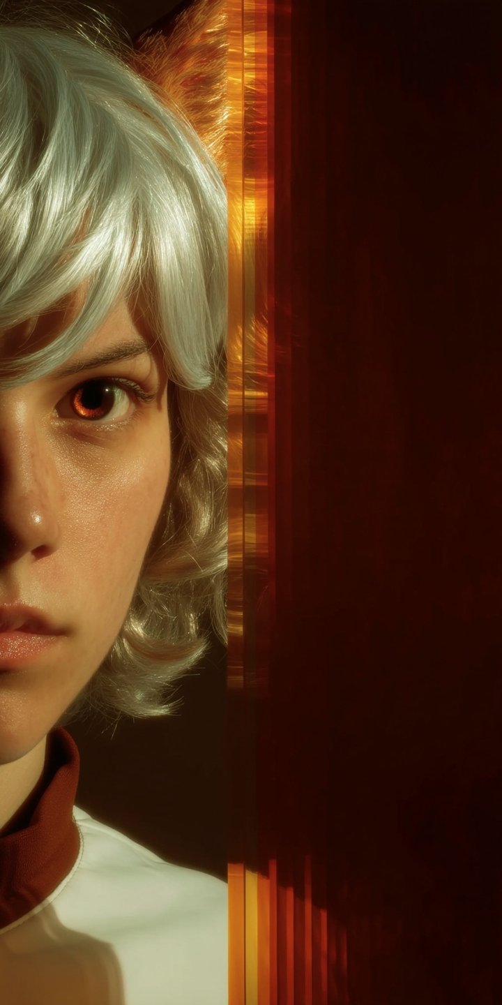 Close-up portrait of a silver-haired person with amber eyes partially obscured by a vertical orange glass prism.