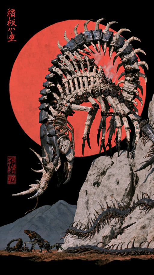 Skeletal biomechanical creature with exposed vertebrae stands before a massive red sun in a desolate landscape.