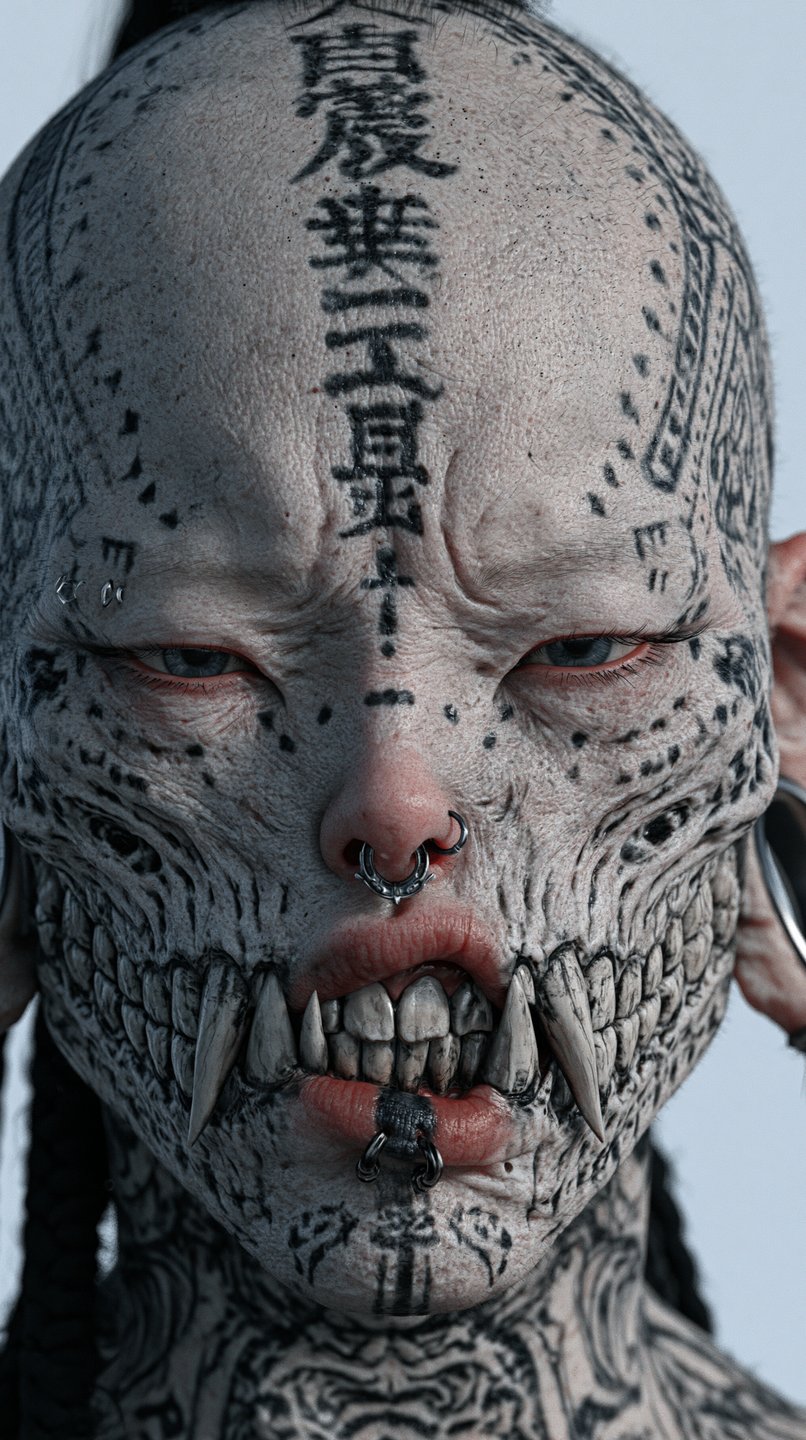 Extreme close-up of a humanoid female with elaborate facial tattoos depicting sharp fangs and forehead calligraphy.