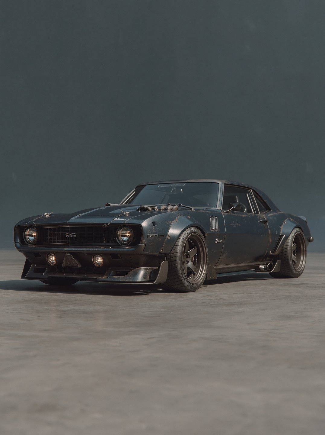 Weathered dark blue classic muscle car with widebody fenders parked on a concrete studio floor.