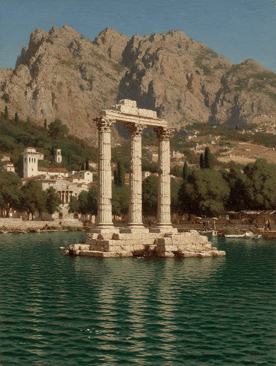 Three ancient Corinthian columns rise from turquoise water before a coastal village and towering sunlit mountains.