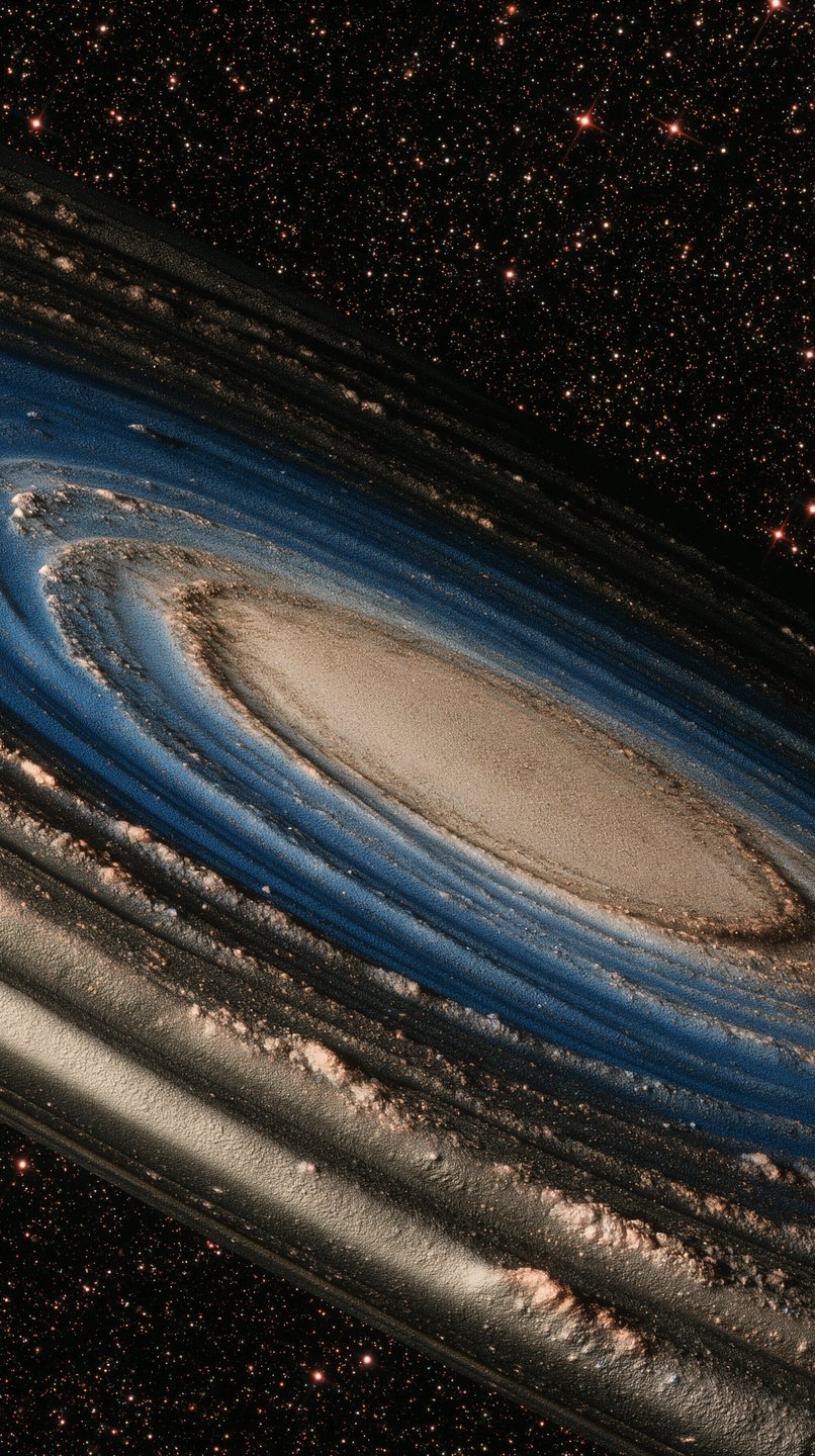 Textured blue and beige planetary rings sweep diagonally across a dark, star-filled deep space background.