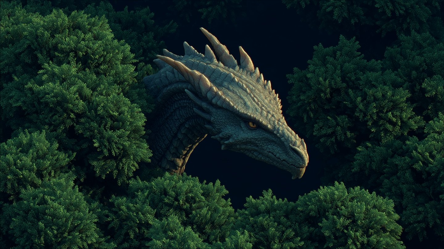 Detailed grey dragon head with weathered scales and horns rising from a dense green pine forest canopy.