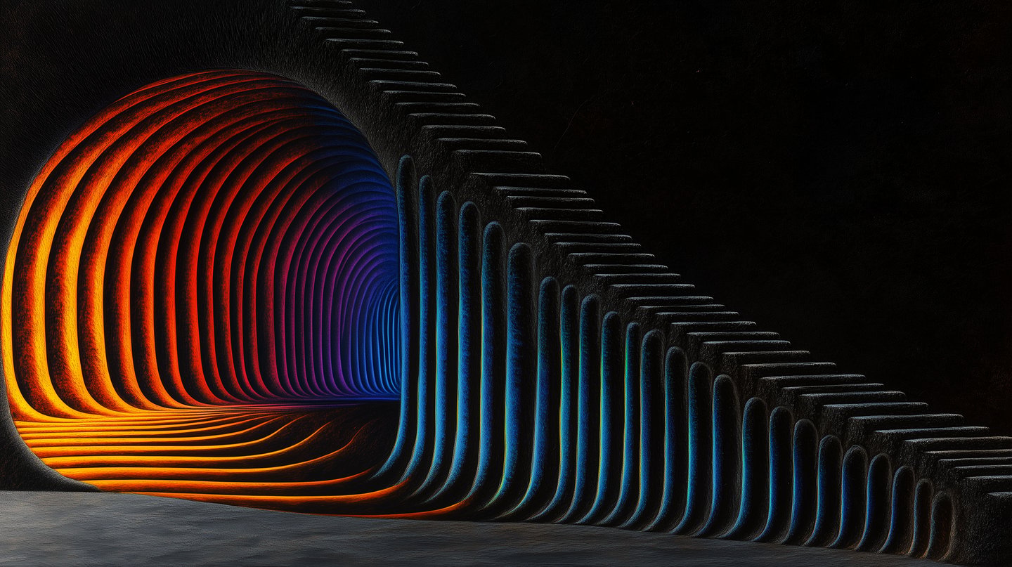 Ribbed architectural tunnel with orange and blue light gradients creates a rhythmic, futuristic passage in a dark space.