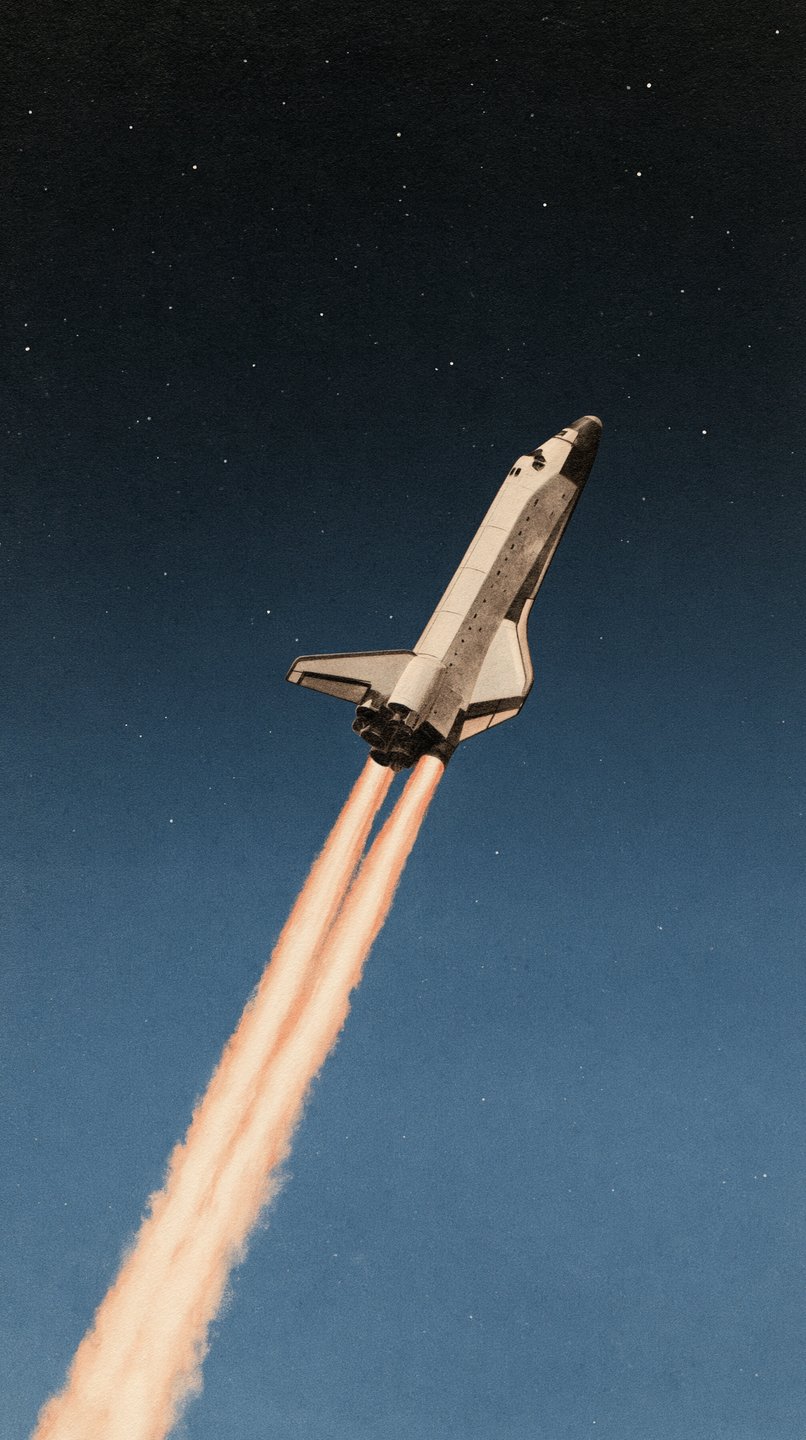 A retro-style space shuttle climbs diagonally into a starry dark blue sky, trailing bright orange exhaust.