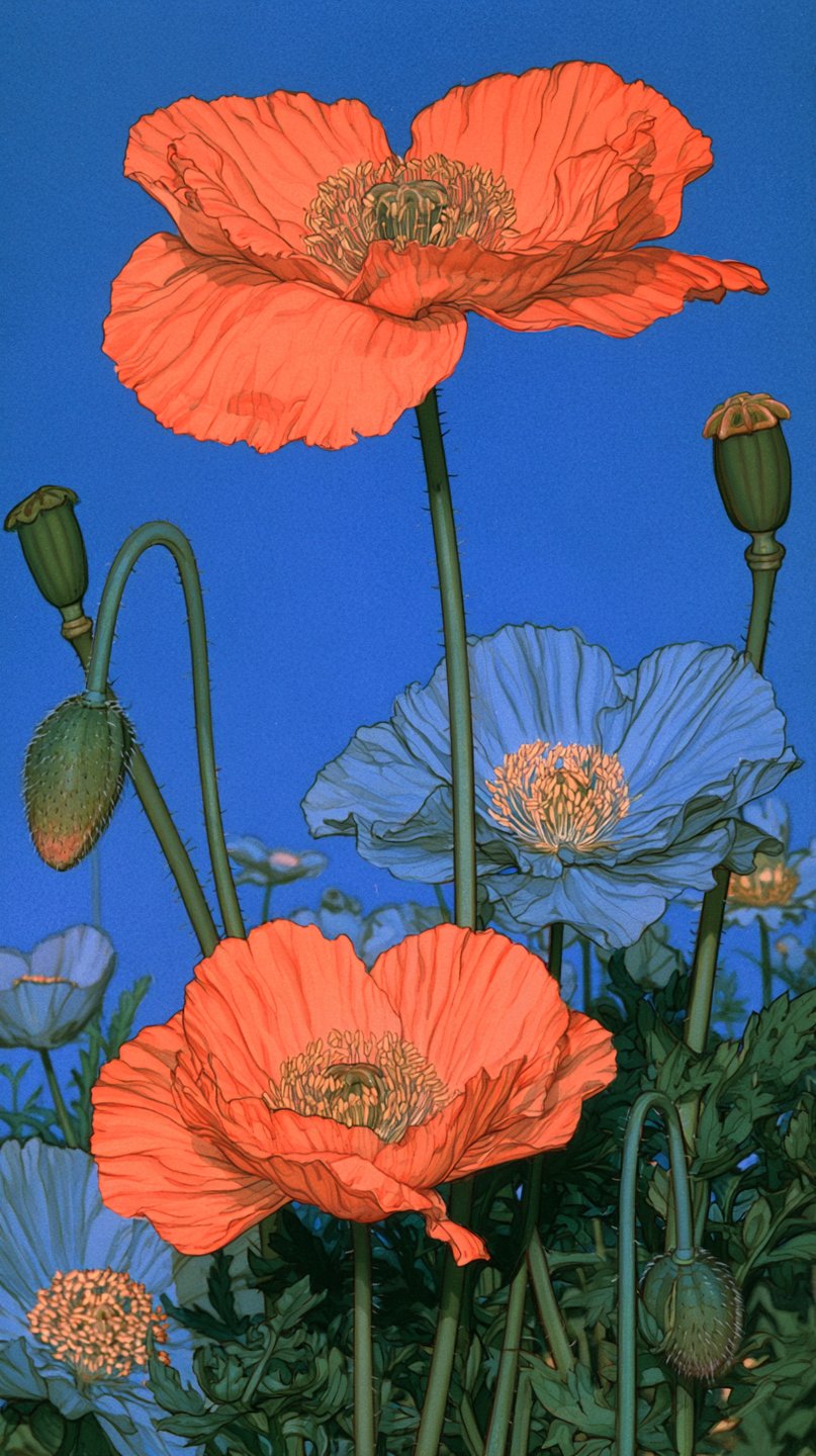 Vibrant orange and blue poppies with detailed black outlines stand against a solid blue background.