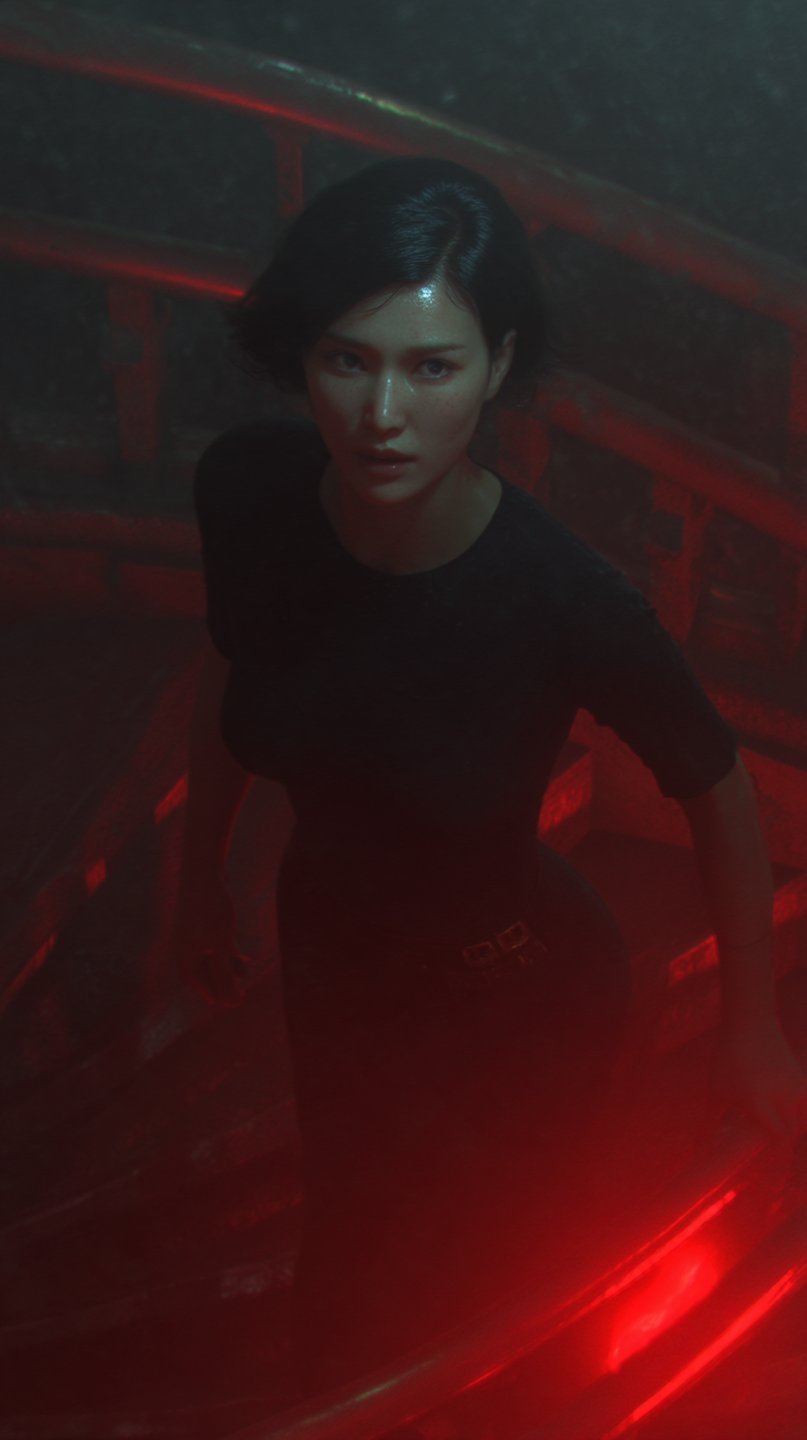 Woman with short black hair ascends a spiral staircase bathed in dramatic red neon light and shadows.