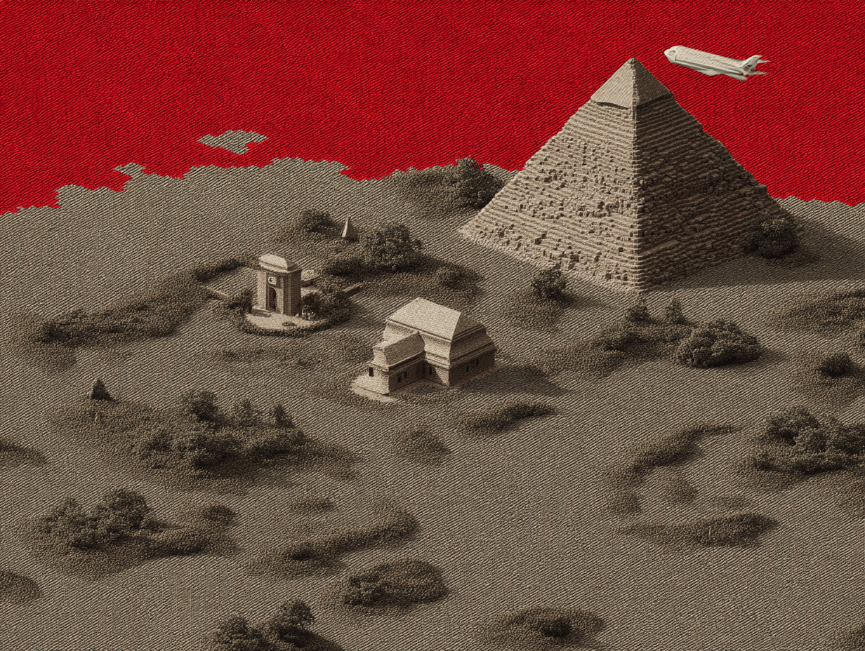 Isometric Egyptian pyramid and temple in a textured desert landscape beneath a stark crimson sky with an aircraft.