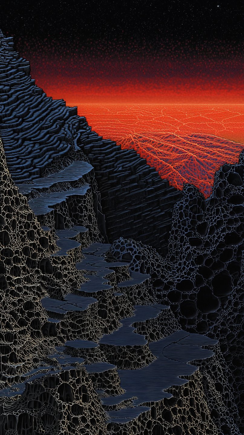 Surreal alien landscape with dark porous rock terraces leading toward a glowing red horizon and starry sky.