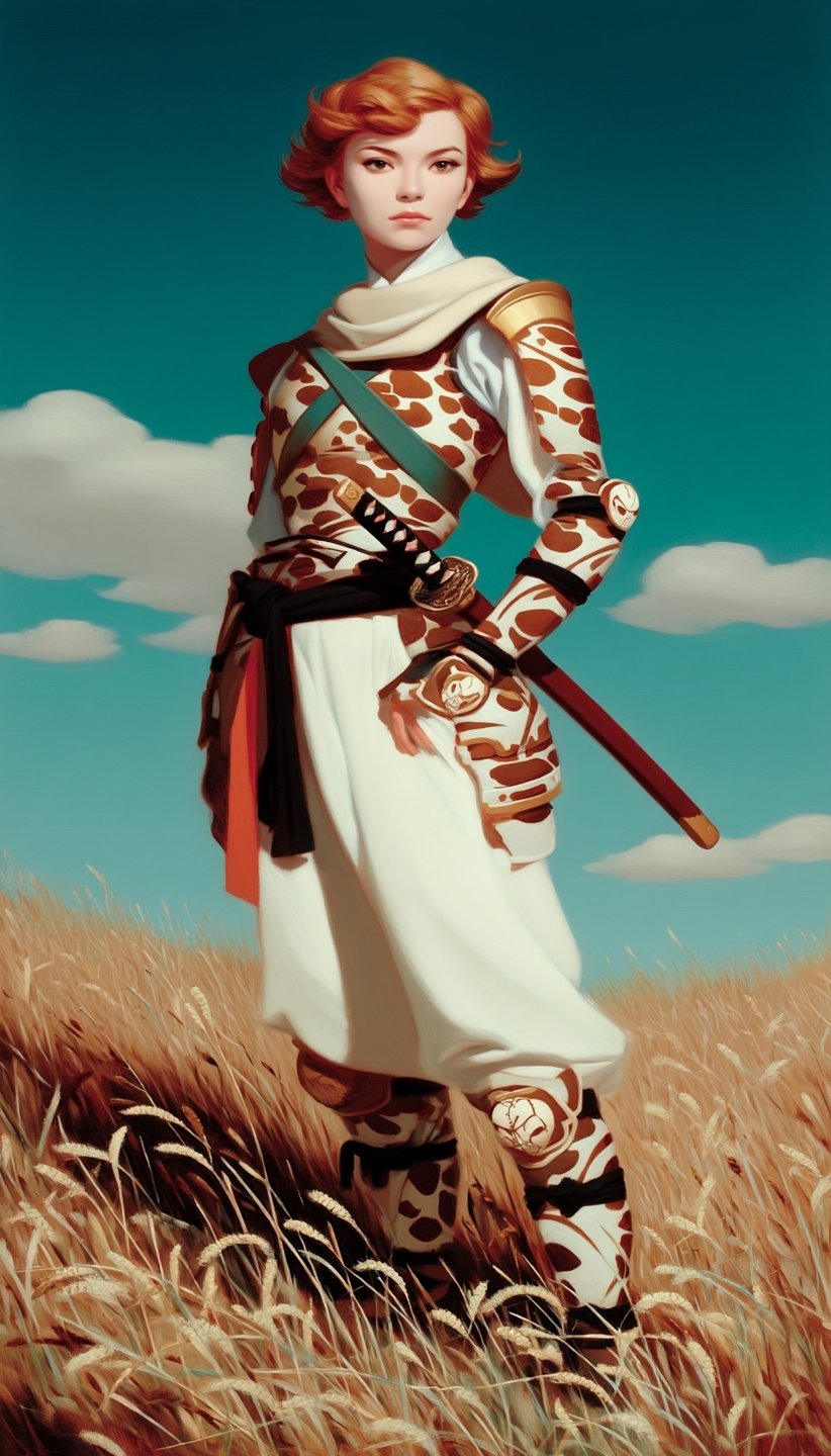 Red-haired female warrior in spotted armor holding a katana stands in a golden wheat field under clouds.