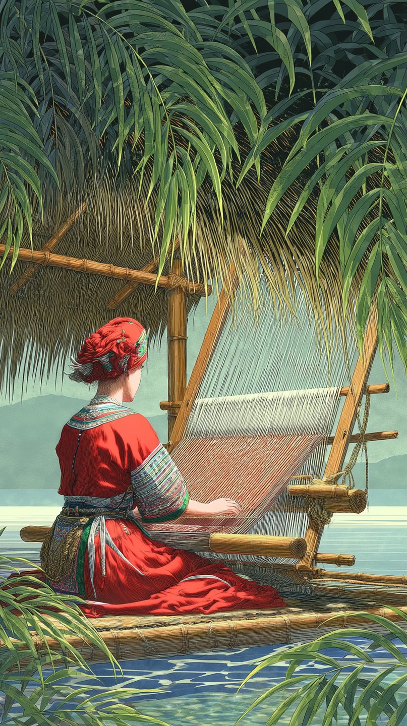Woman in red traditional dress weaving on a bamboo loom under a thatched roof by the water.