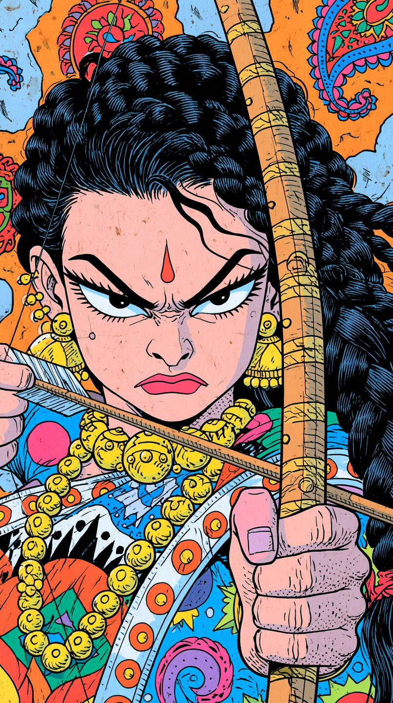 Fierce female Indian warrior with a bindi draws a wooden bow, staring forward with intense fury.