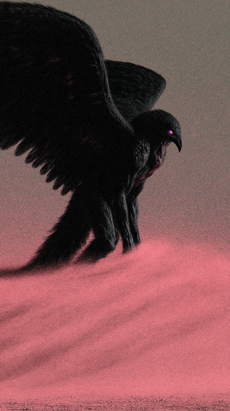A colossal black raven with a glowing purple eye stands amidst pink sand dunes under a textured sky.