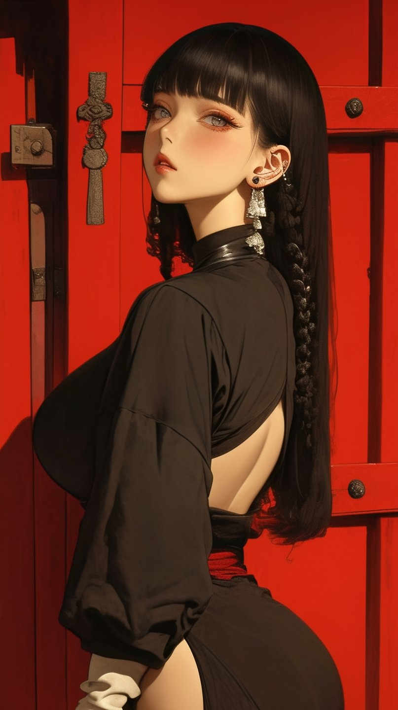 Stylized woman with long black braids wearing a backless black dress against a vibrant red wooden gate.