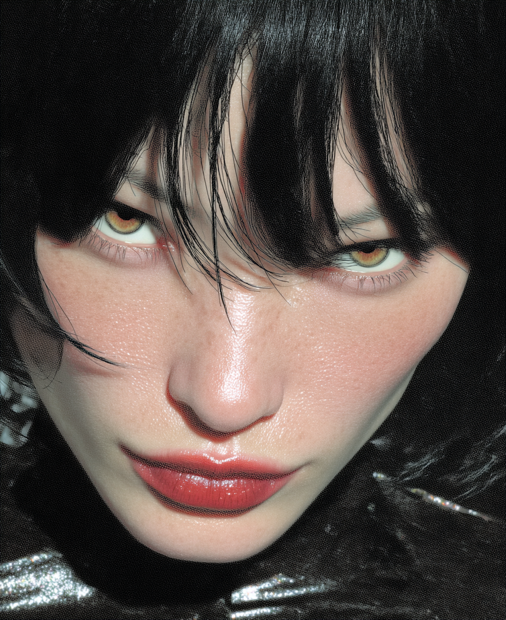 A dramatic extreme close-up of a person with dark bangs, piercing amber eyes, and glossy red lips, captured from a high angle with grainy texture.