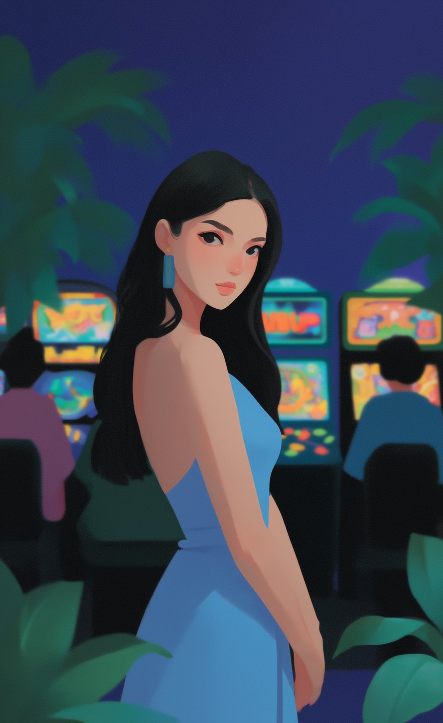 Woman in a blue backless dress looking over her shoulder in a neon-lit arcade with tropical plants.