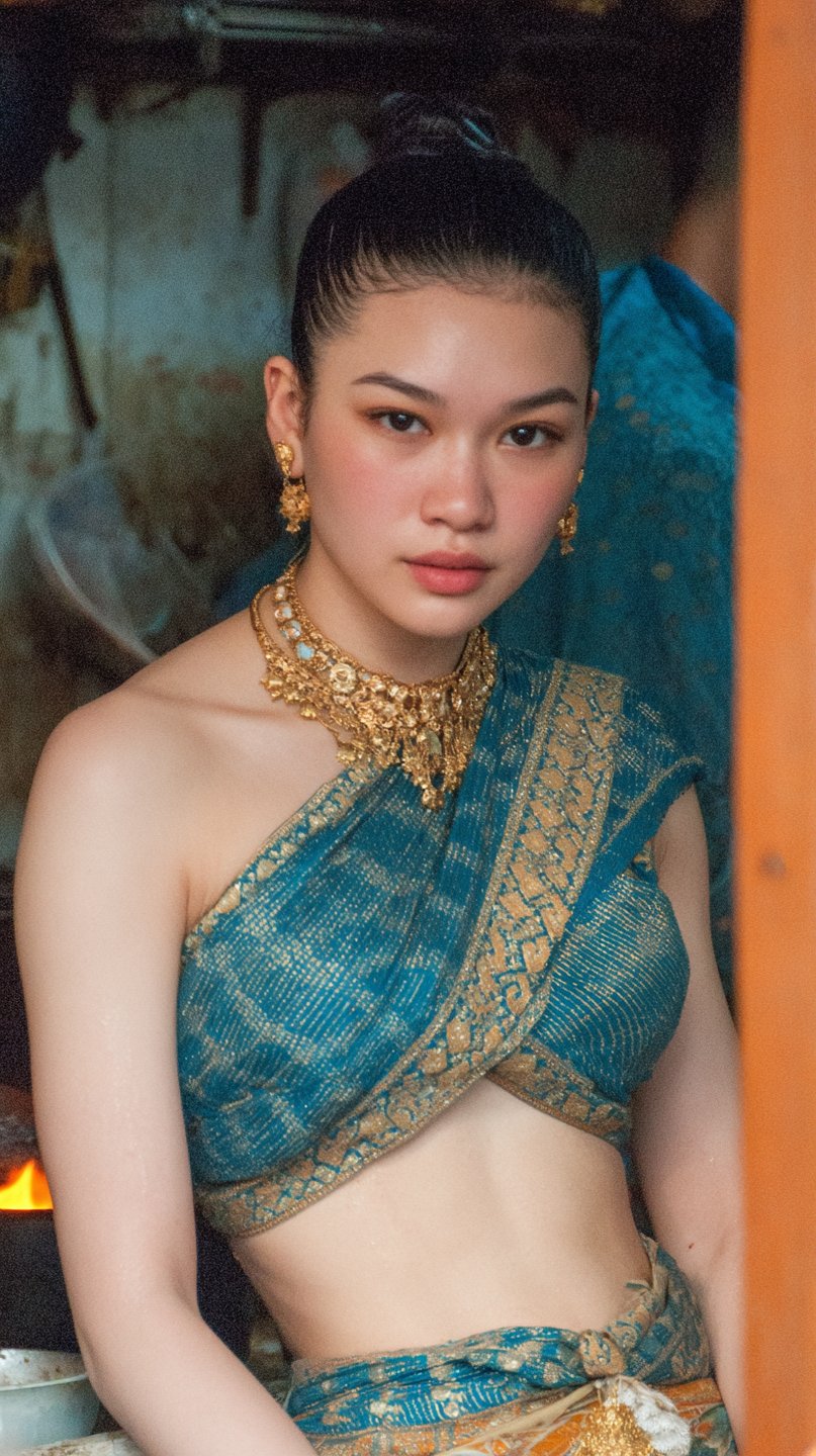 Young woman wearing traditional teal Thai silk and ornate gold jewelry in a rustic, warm-lit interior.