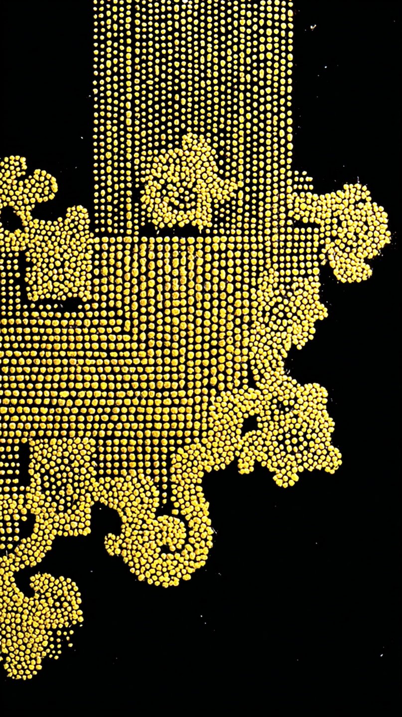 High-contrast macro image of yellow granular dots forming a structured grid that transitions into organic, coral-like clusters against a solid black background.