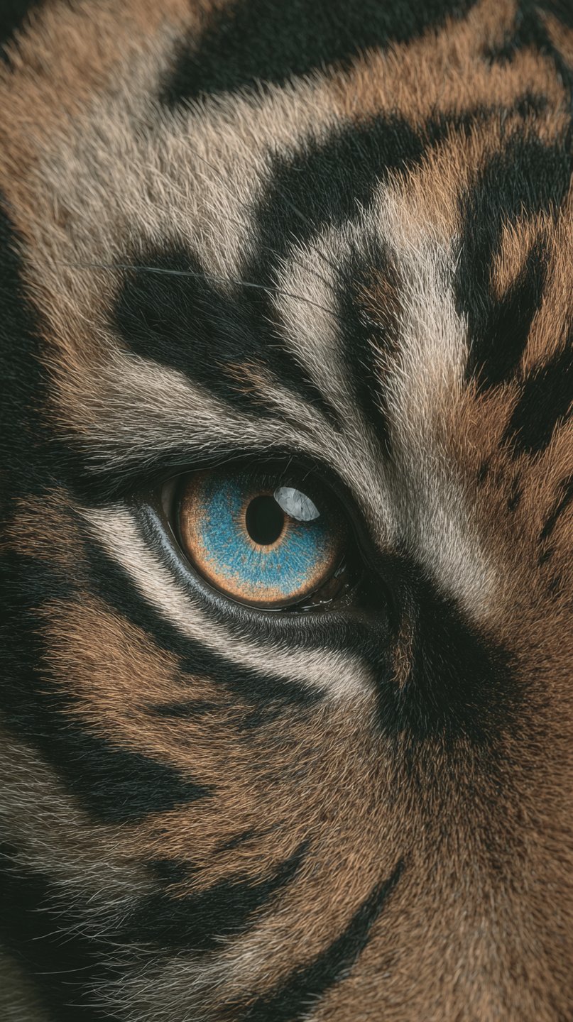 Extreme macro of a tiger's eye with a vivid blue iris surrounded by black and orange fur.