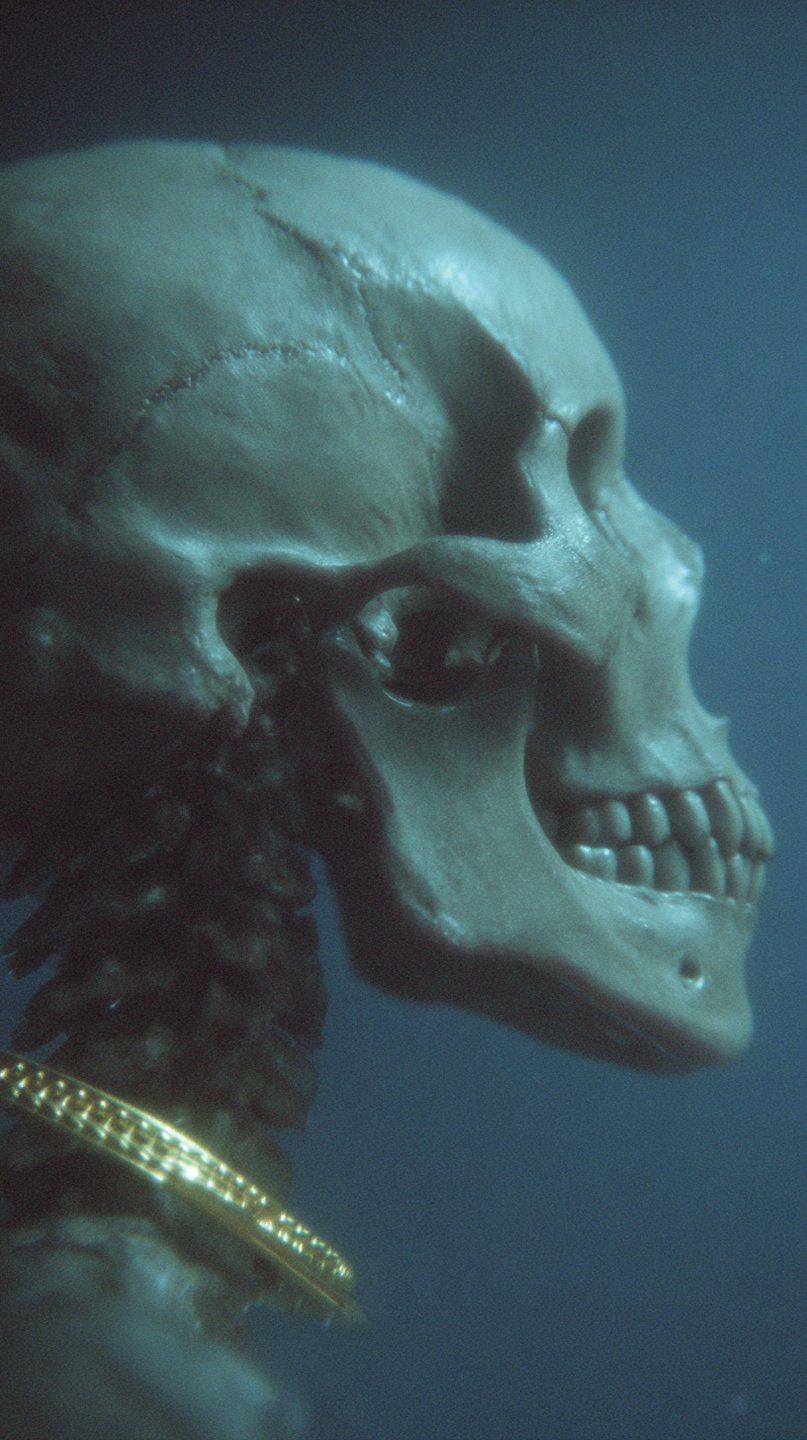 Side profile of a human skull wearing a gold collar submerged in dark teal, hazy water.