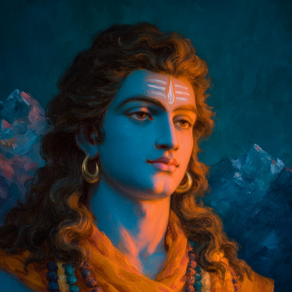 Evocative oil painting of Lord Shiva with blue skin, wearing saffron robes and gold earrings, illuminated by warm firelight against a cool mountain landscape.