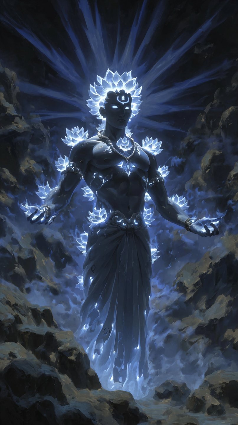 Luminous blue deity with glowing lotus flowers emerging from his body stands in a dark rocky cavern.