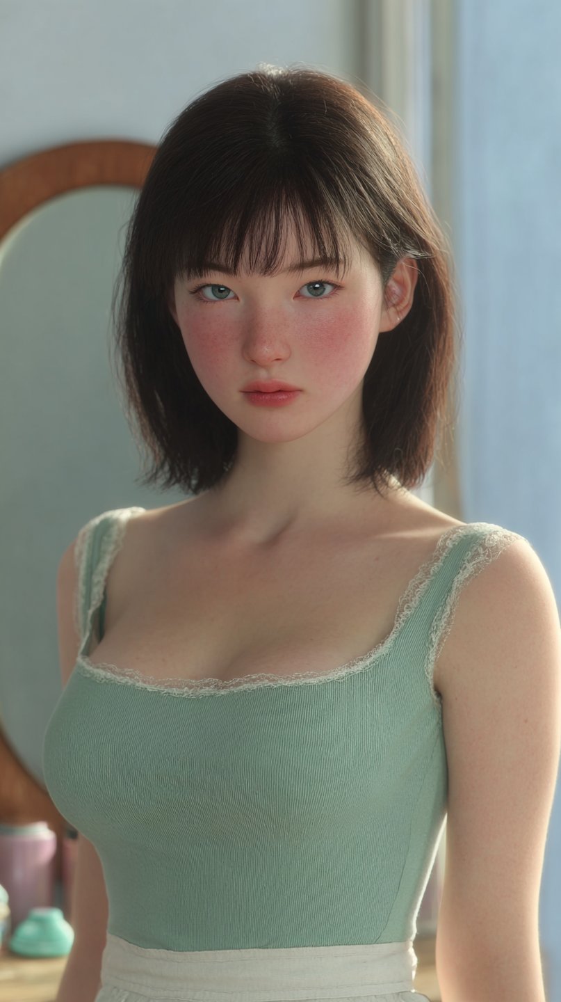 Young woman with dark bob and freckles wearing a mint green lace camisole in soft lighting.