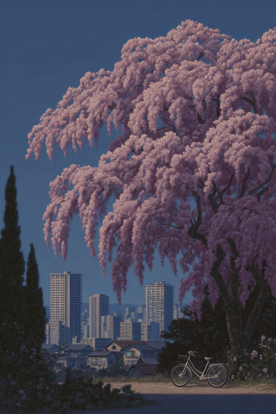 Large weeping cherry blossom tree overlooking a distant city skyline with a bicycle parked on a dirt path.