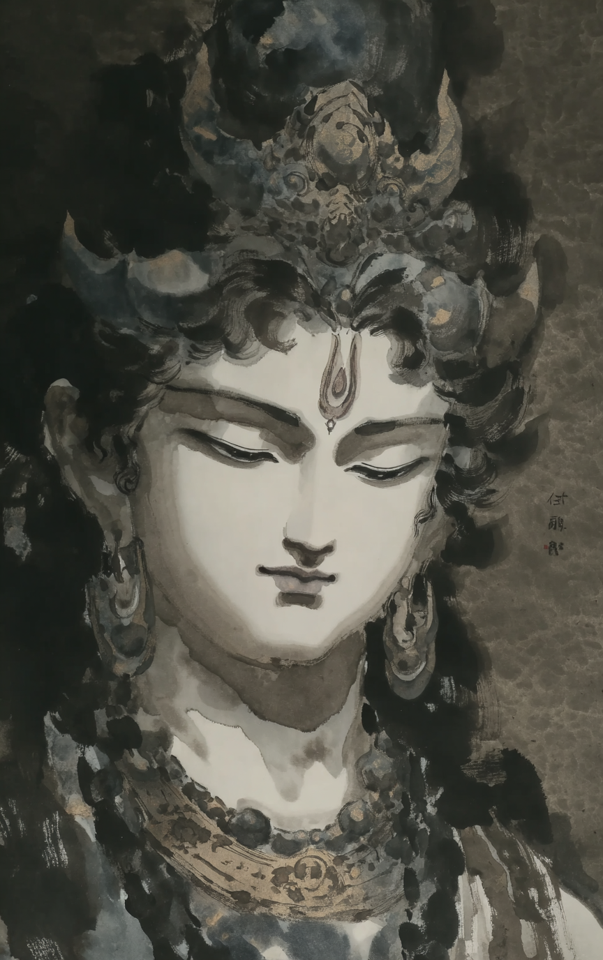 Detailed ink wash portrait of a serene deity with downcast eyes, wearing an ornate crown and jewelry, rendered in traditional monochromatic brushwork with gold highlights.