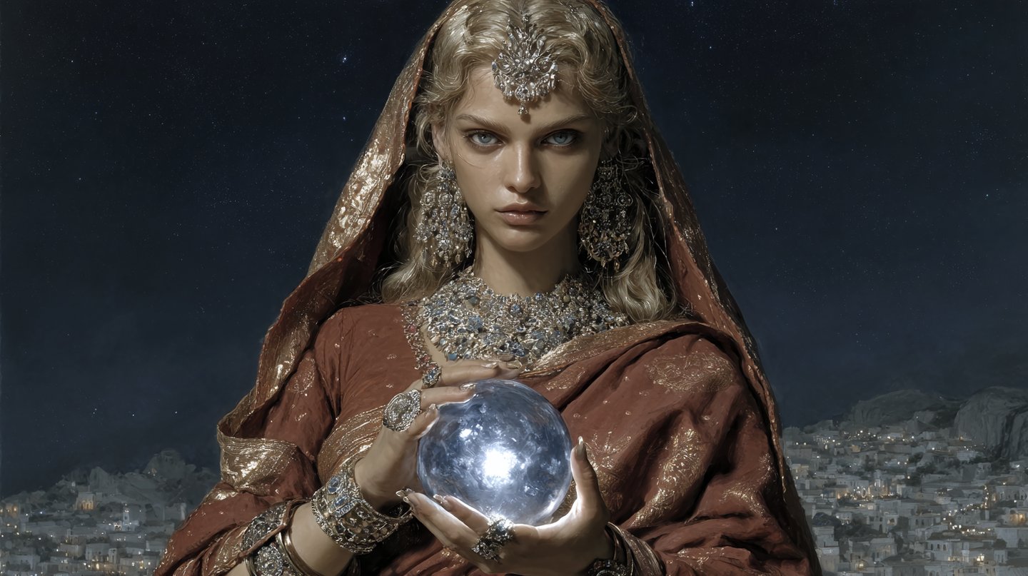 A detailed portrait of a woman in a red zari-trimmed dupatta and heavy jewelry holding a luminous orb overlooking a moonlit ancient city.