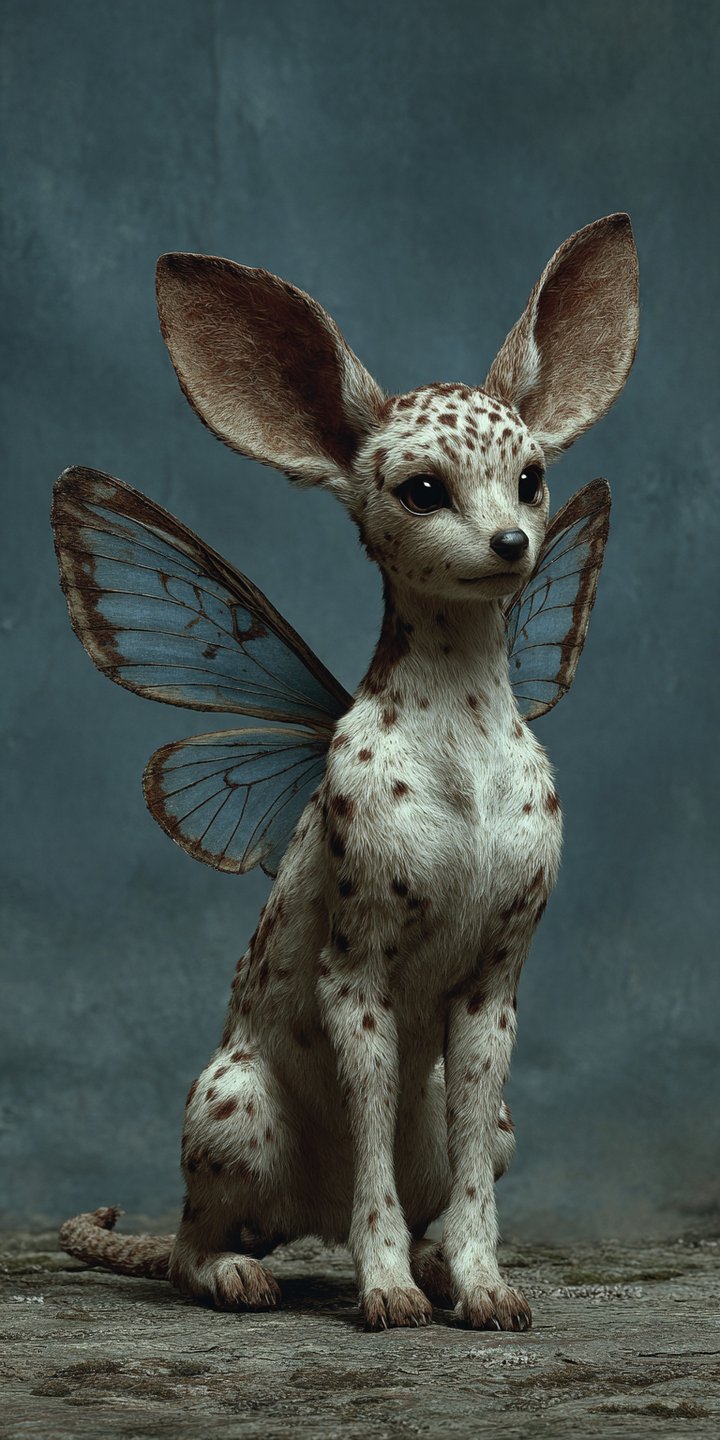 A spotted white hybrid creature with large ears and blue butterfly wings sitting on a rocky surface.
