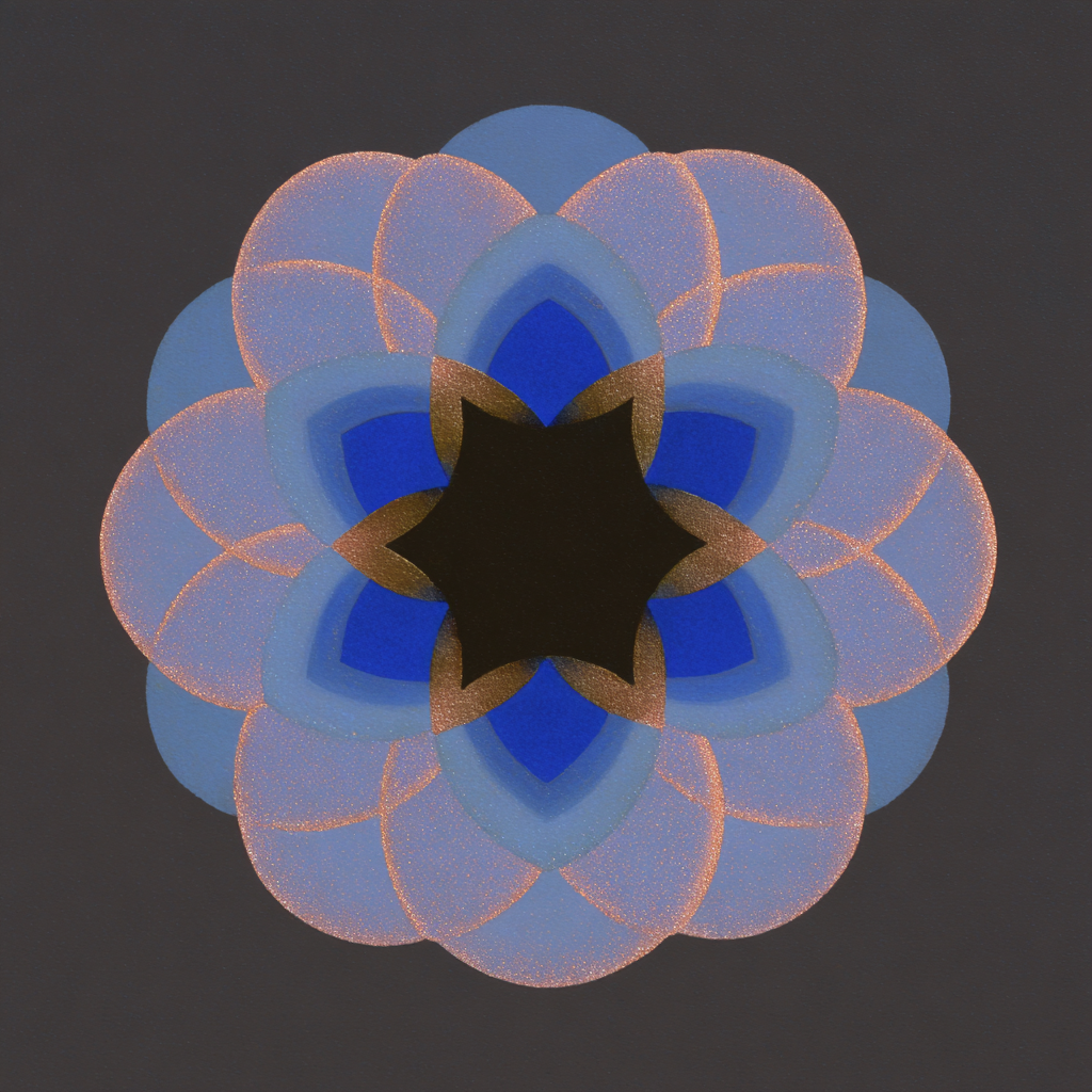 Symmetrical hexagonal mandala with layered blue petals and gold stippled accents radiating from a dark central star against a charcoal grey textured background.