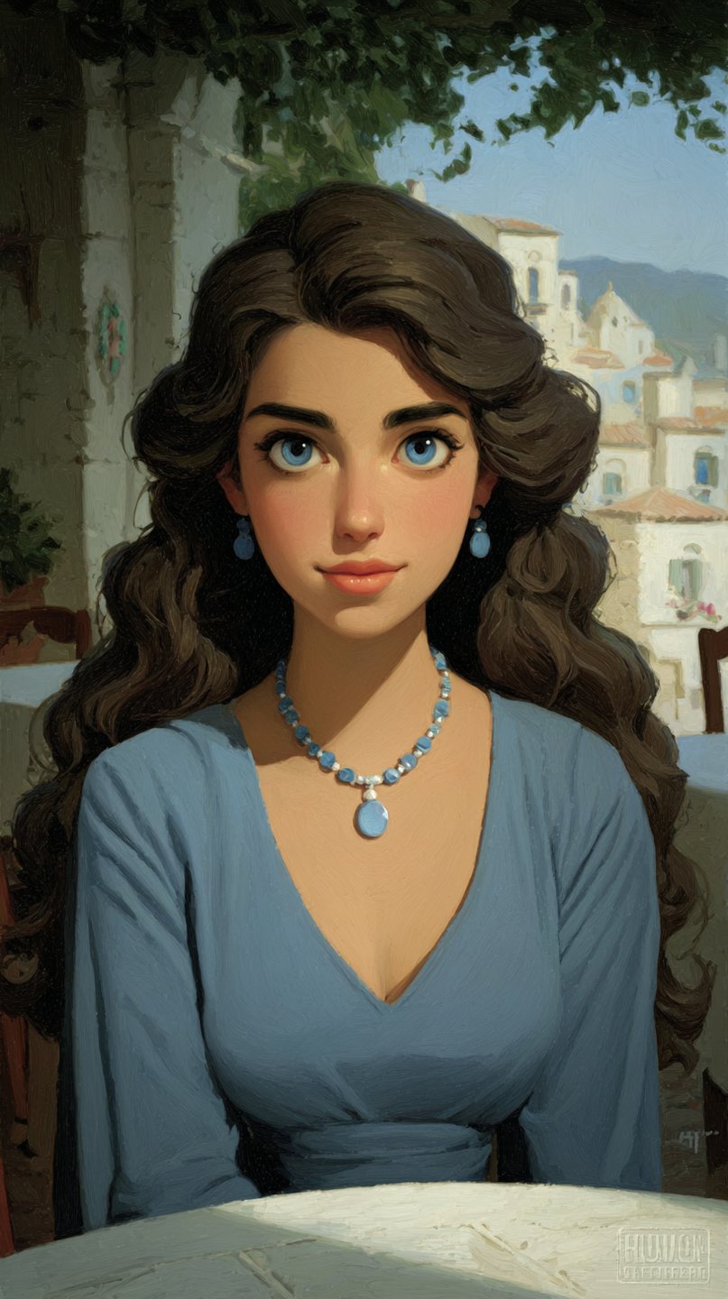 Brunette woman with large blue eyes wearing a blue dress and necklace at a Mediterranean cafe.