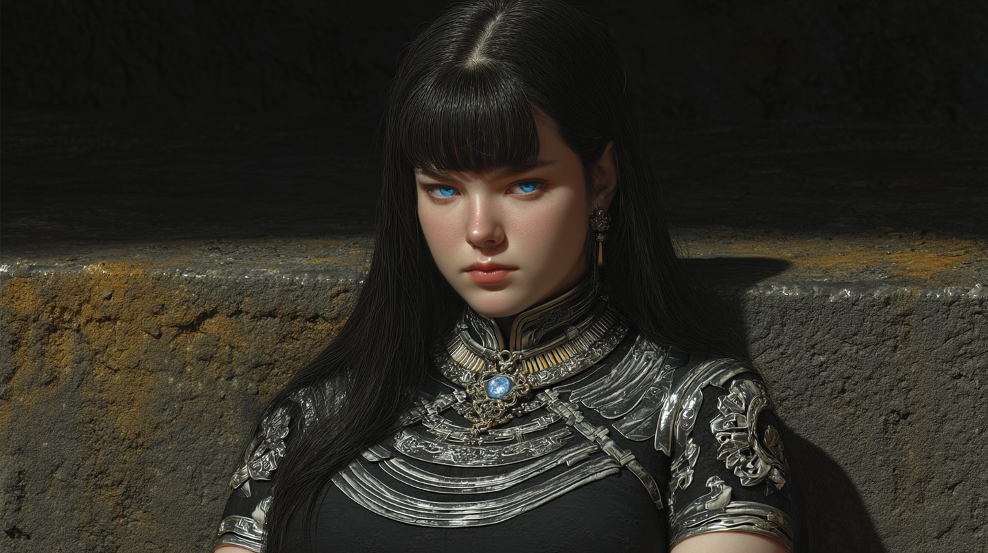 A woman with striking blue eyes wears ornate silver armor and jewelry against a dark stone wall.