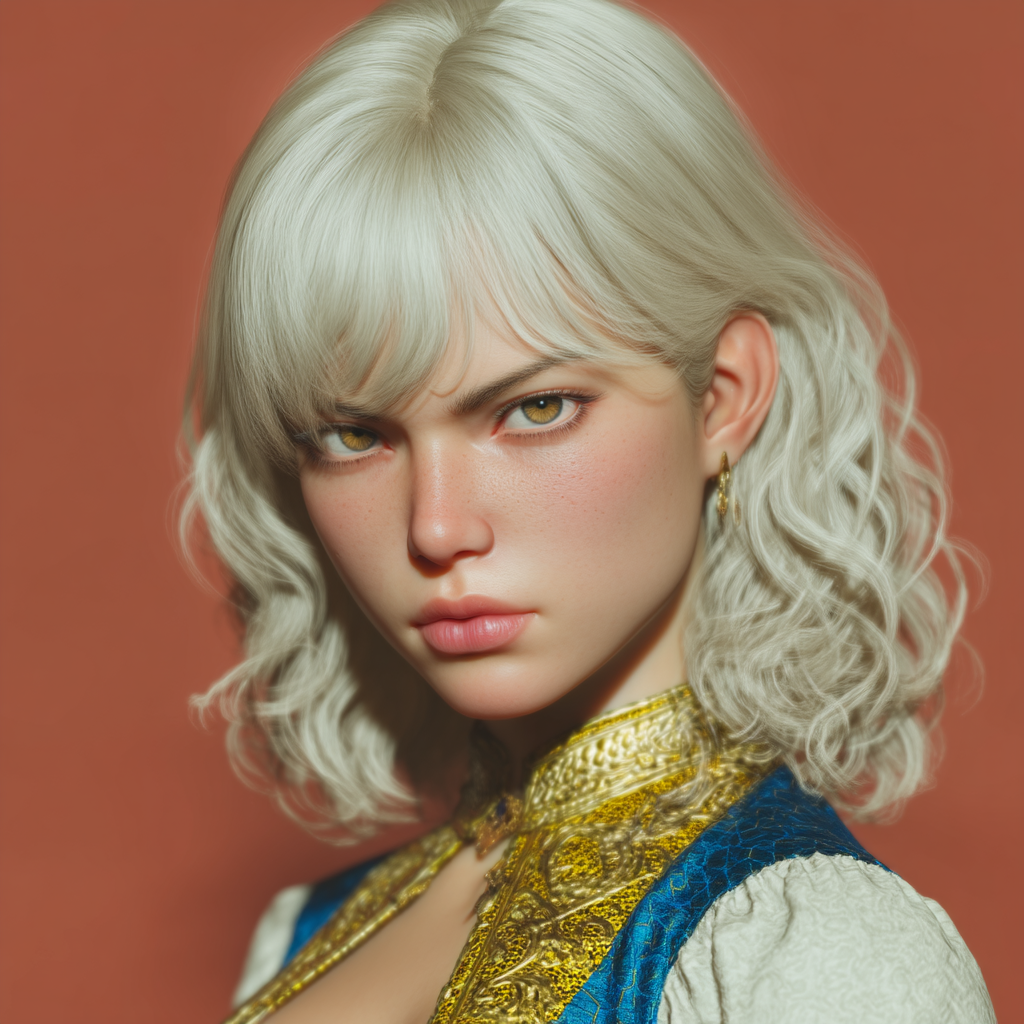 Close-up digital portrait of a woman with platinum blonde hair and amber eyes, wearing an intricate gold-embroidered blue vest against a terracotta background.